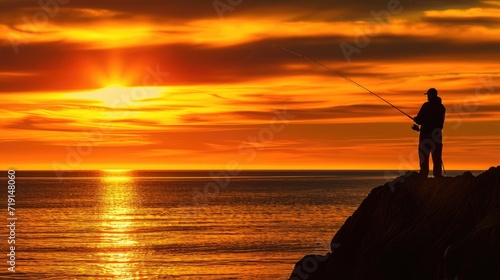 A photograph of a fisherman, silhouette, low-angle view, with the setting sun directly behind creating vibrant orange