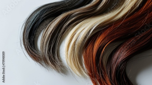 assortment of hair for hair extension procedure. types of materials, color and quality for the presentation of the service. Toning of different shades of the background of the strands. Social media 