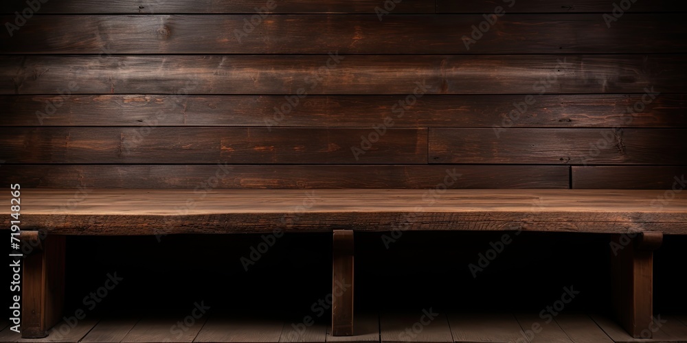 Isolated old wooden table for product or montage focus. Empty dark wooden shelves.