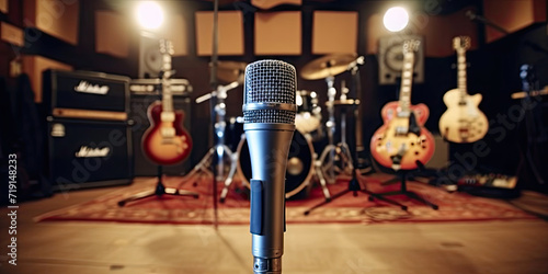 microphone on stage with lights, Professional condenser studio microphone over the musician blurred background and audio mixer, Musical instrument Concept.