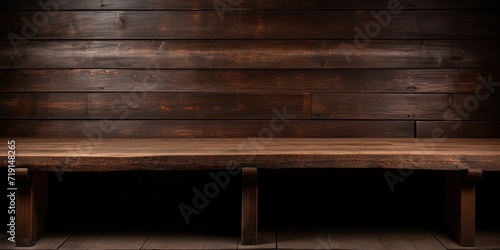 Isolated old wooden table for product or montage focus. Empty dark wooden shelves.