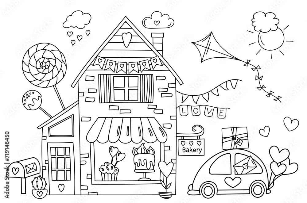 Coloring Page - Sweet Bakery Illustration With Lots Of Sweets And A Car Nearby, Cakes, Candies - Coloring Book For Children