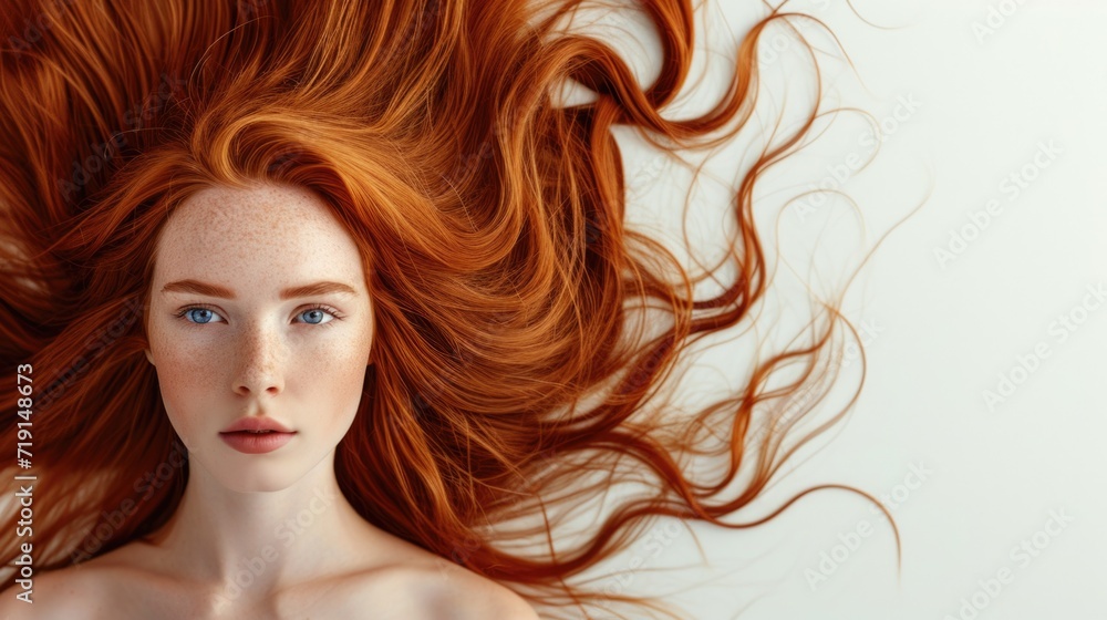 Beautiful redhead model with long , healthy , shiny and silky hair on white isolated background . Scalp and hair care concept, anti-loss and anti-brittle products 