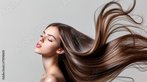 Portrait of woman with beautiful long hair. Healthcare of hair . Mask , shampoo, conditioner, scrub , livin , oil. Hairstyle products.