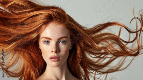 Beautiful redheaded girl with gorgeous hair looks into the camera . Young woman uses shampoo , conditioner and oil to care for her Irish red hair . 