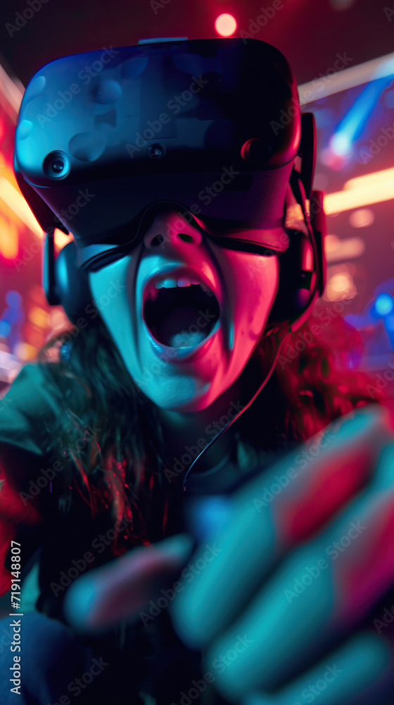 A person in VR goggle playing MR mixed reality game and entertainment A person in VR goggle playing MR mixed reality game and entertainment