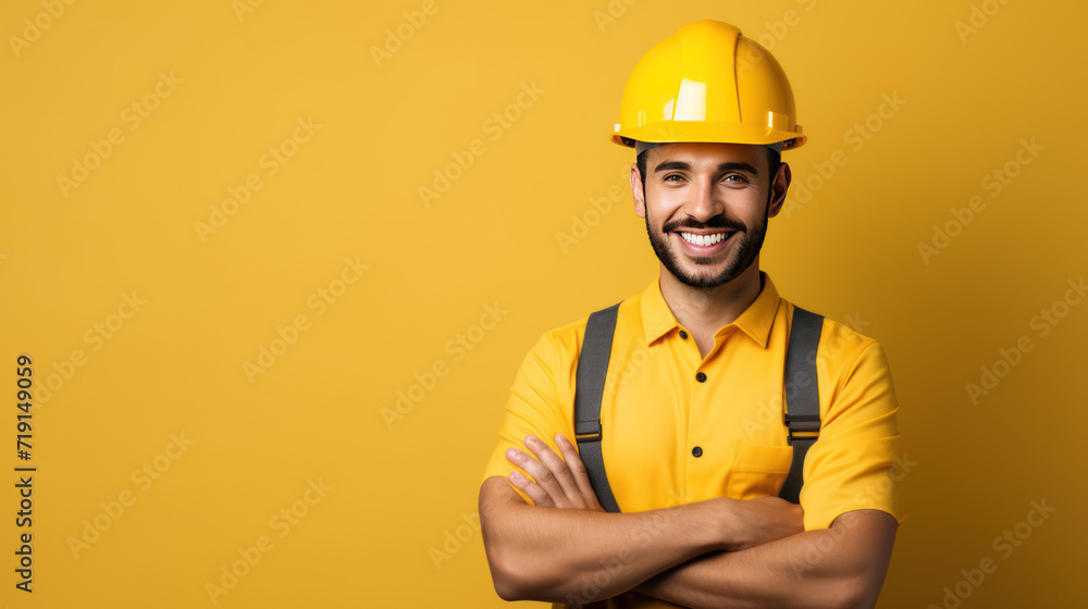 Handsome young man with protective helmet on his head and arms crossed, isolated on white background with copyspase Handsome young man with protective helmet on his head and arms crossed, isolated on white background with copyspase