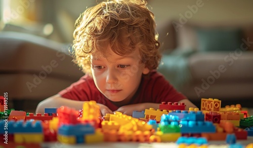 young boy playing with building blocks