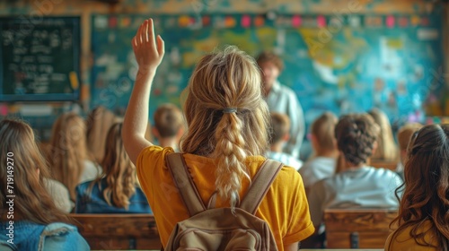 Back view of a student with a raised hand, actively participating in a classroom with peers and a world map in the background.