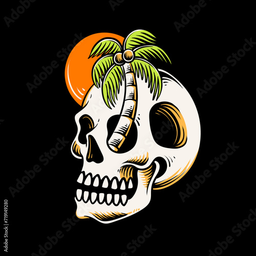 skull head with palm tree design illustration, summer design