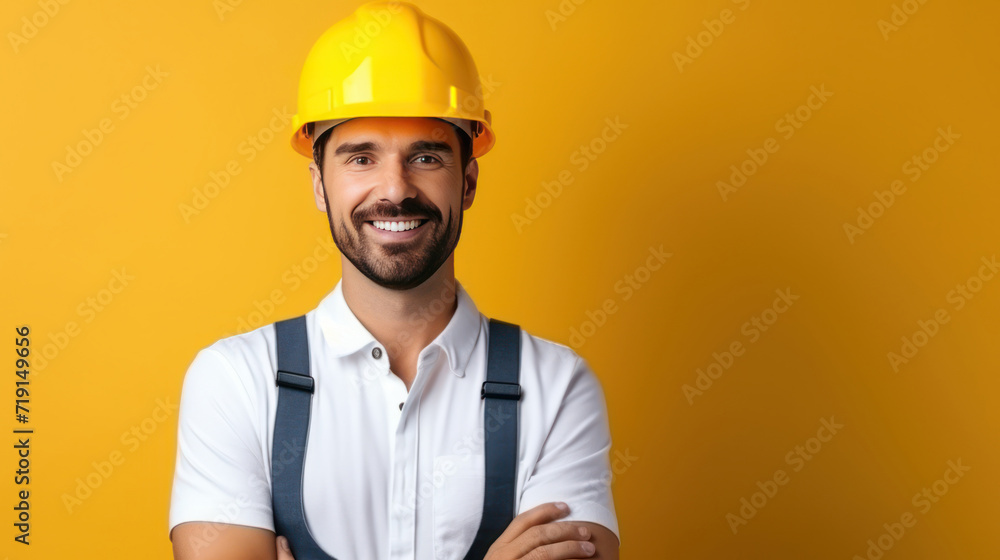 Handsome young man with protective helmet on his head and arms crossed, isolated on white background with copyspase Handsome young man with protective helmet on his head and arms crossed, isolated on white background with copyspase