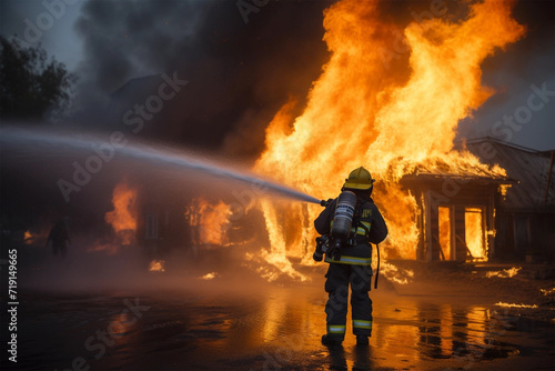 Firefighters with Extinguishing House Fire