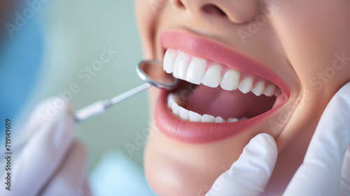 Close Up of Smiling Woman Mouth with Healthy  Beautiful  White Teeth. Dental Clinic Concept. Oral Care Awareness.
