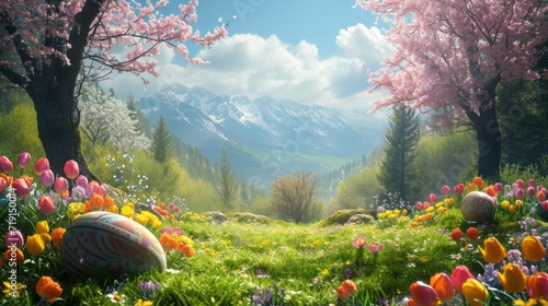 Spring Spectacle. Vibrant Easter scene offering a captivating backdrop for advertising photo