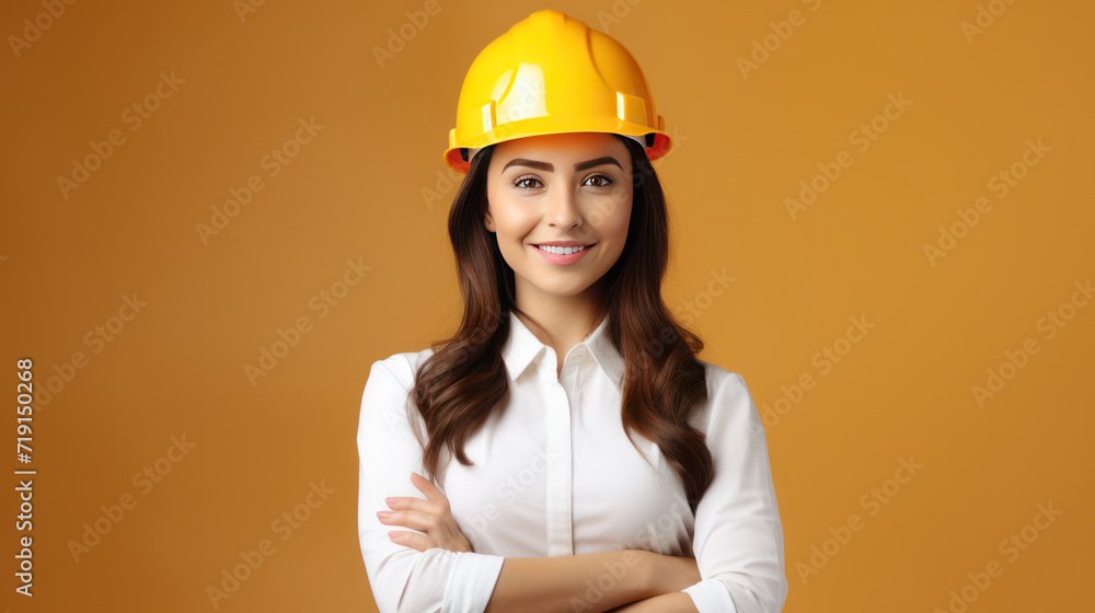 young wonman with protective helmet on his head and arms crossed, isolated on white background with copyspase
