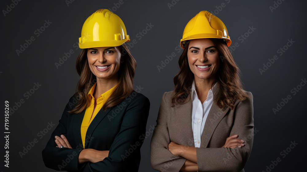 young wonman with protective helmet on his head and arms crossed, isolated on white background with copyspase young wonman with protective helmet on his head and arms crossed, isolated on white background with copyspase