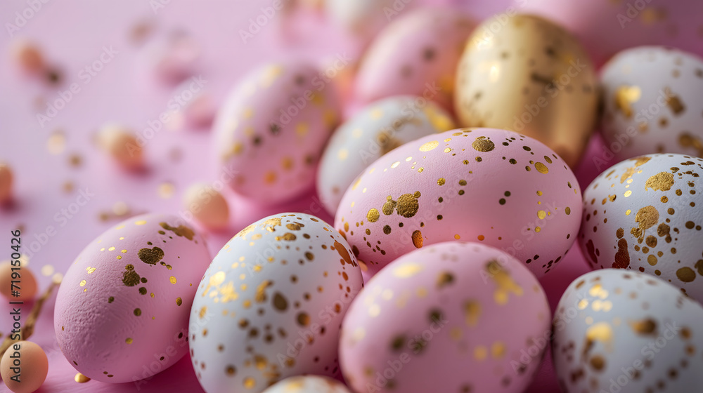 Easter festival social media background design with copy-space for text. Pastel pink and white easter eggs with golden pattern on pink blurred background.
