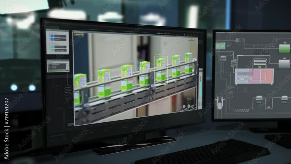 Software Checks Milk Produced By Machinery At Automated Facility. Ui Displays Conveyor Machinery. Automated Manufacturing Line Program. Industrial Facility. Production Machinery At Automated Facility