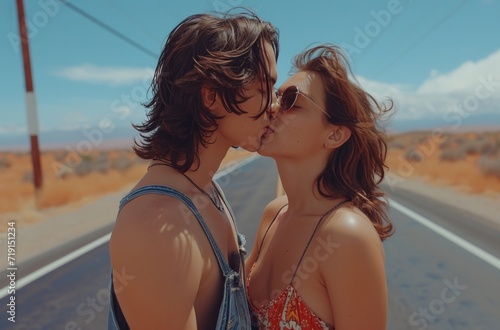the two lovers on a road are kissing