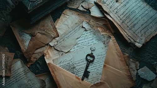 An old-fashioned key placed on a pile of tattered handwritten letters and documents, invoking a sense of historical discovery.