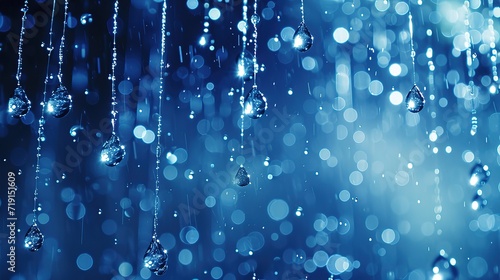 Delicate raindrops fall, sparkling like diamonds against a mystical blue background with a dreamlike bokeh effect. photo