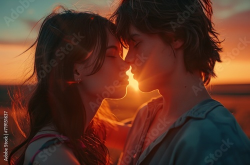 the two lovers on a road are kissing