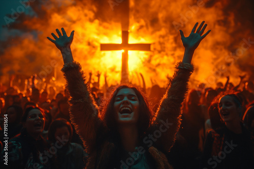 Silhouette of people raising their hands to the cross. © Dzmitry