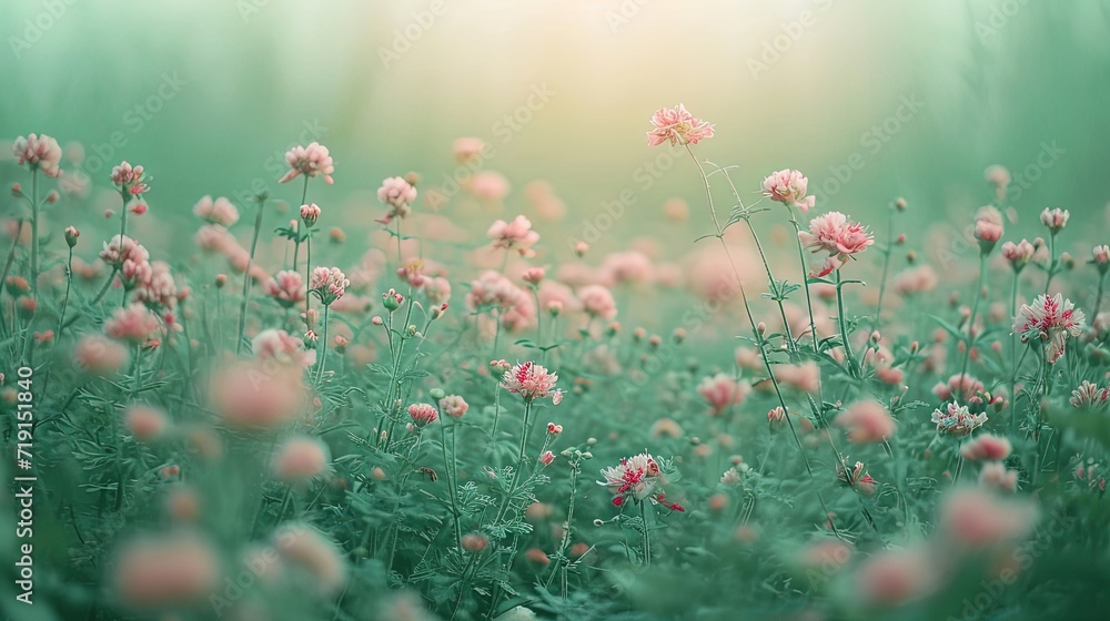 A tranquil field of clover blossoms bathed in the soft, misty light of an early morning.