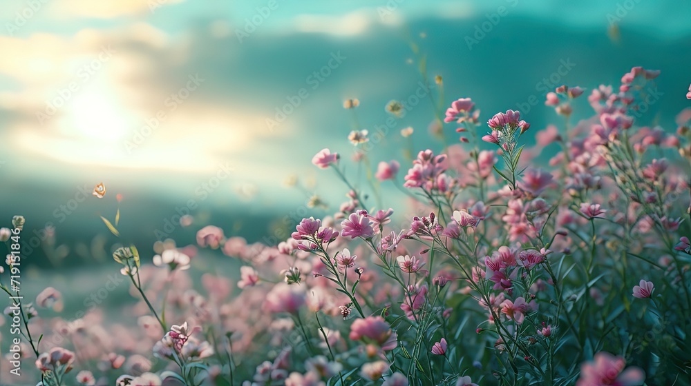 Delicate pink wildflowers thriving in a serene field, illuminated by the warm glow of a setting sun.