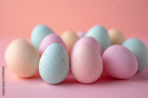 A delightful image featuring a collection of pastel-colored Easter eggs, arranged in a visually pleasing composition, evoking a sense of springtime joy and festive celebration.