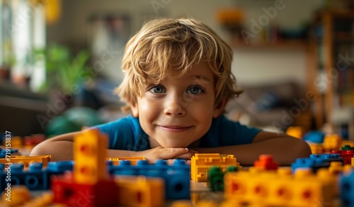 young boy playing with building blocks