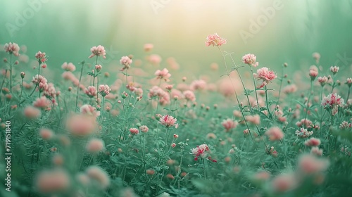 A tranquil field of clover blossoms bathed in the soft, misty light of an early morning.