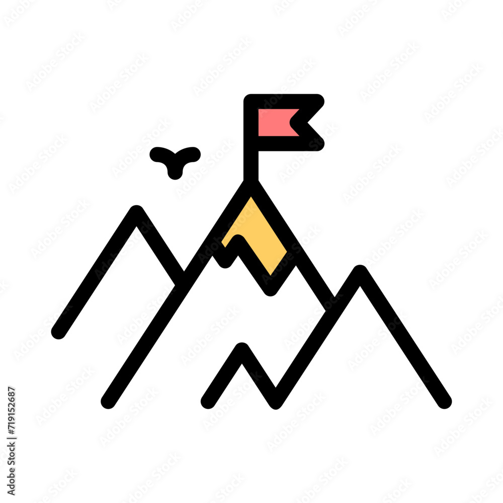 Flag at the top of the mountain, symbolizing the pinnacle of success. Growth icon. Goal icon Flag at the top of the mountain, symbolizing the pinnacle of success. Growth icon. Goal icon