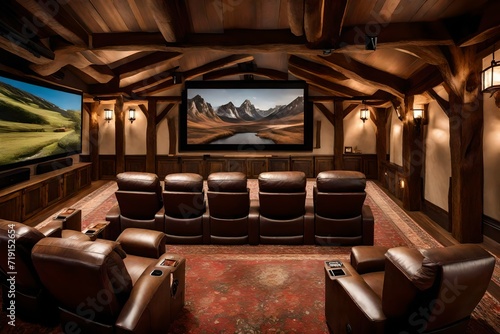A rustic home theater with plush leather recliners, a large projection screen, and exposed wooden beams, offering a cozy and immersive cinematic experience.