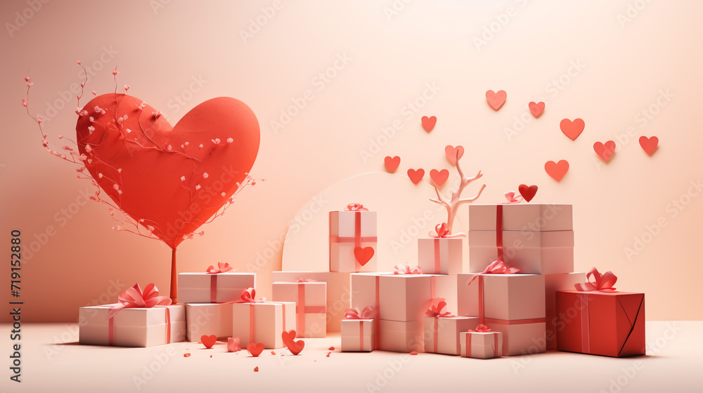Happy Valentine's Day Greeting Card sells banner and Gift box with heart balloon for elements of love concept on pink background. Anniversary, Wedding, stylish, brochure, copy space -3d Rendering
