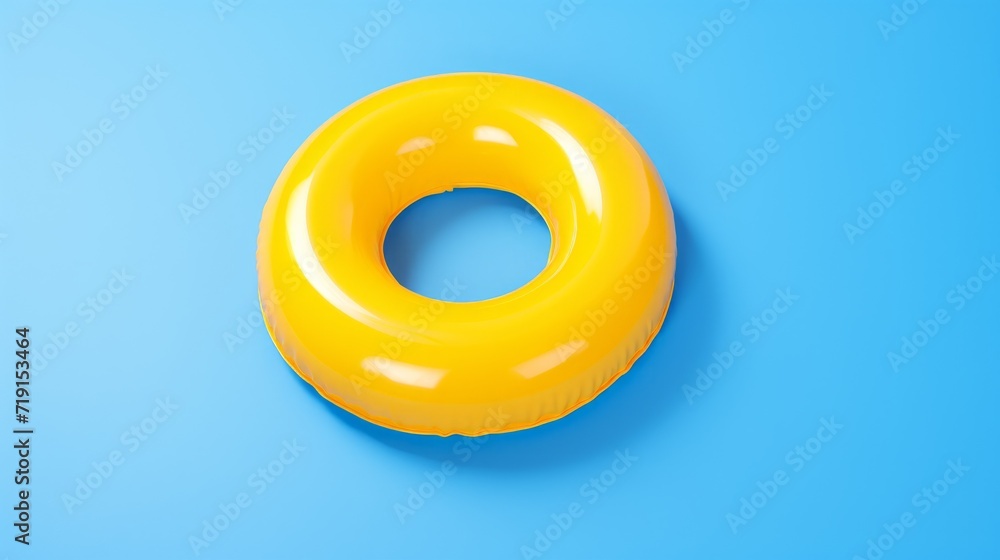 Inflatable yellow swimming ring on a blue background. Accessories for swimming, swimming pool and sea. Inflatable yellow swimming ring on a blue background. Accessories for swimming, swimming pool and sea.