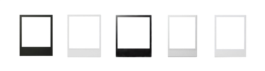 Set of old instant print photographs. Polaroid retro photograph frames. Transparent pen tool cutout background. Classic photography concept.  Isolated with a hole for your picture - set 1