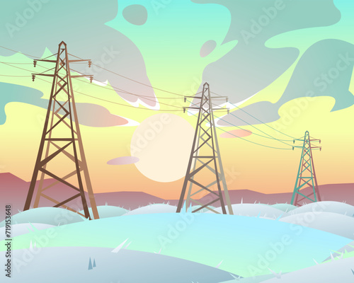 High voltage power line. Energy supply. Metal frame poles support wires. Winter snow landscape with snowdrifts and hills. Frost sunset. Cartoon fun style. Flat design. Vector