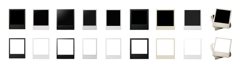 Set of old instant print photographs. Polaroid retro photograph frames. Transparent pen tool cutout background. Classic photography concept. Mega pack. 