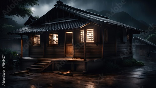 Traditional Japanese house in the middle of Japanese village in the rainy night