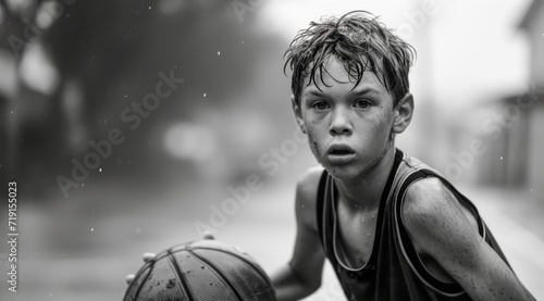 Child Playing Basketball Outdoors on a Playground Trains Hard Wallpaper Digital Art Magazine Background Poster Cover
