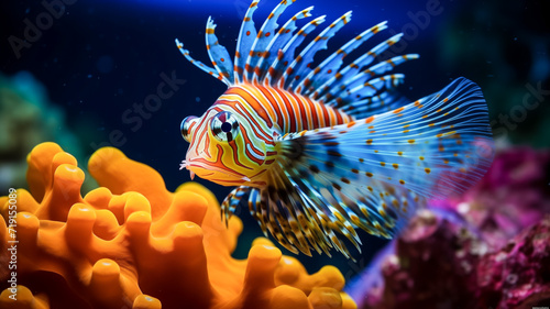 Exotic lionfish swimming near vibrant orange coral reef © thodonal