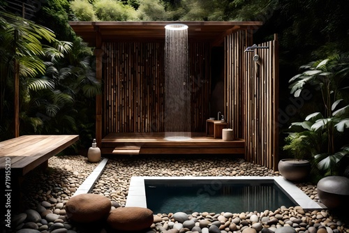 A rustic outdoor shower with wooden privacy screens, a rainfall showerhead, and river rocks lining the floor, offering a refreshing and nature-inspired bathing experience.