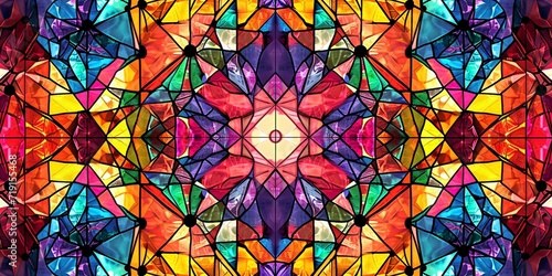 A symmetrical geometric design reminiscent of stained glass windows  with intricate patterns and vibrant hues.