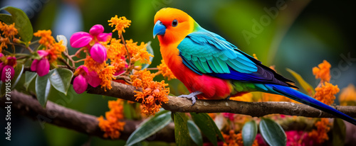Colorful lovebird perched among vibrant tropical flowers