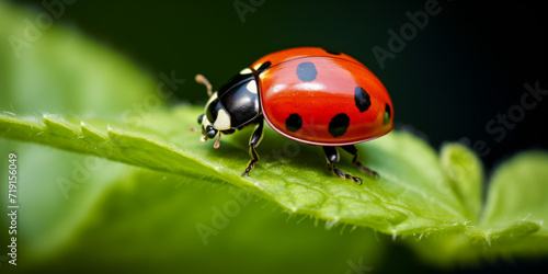 Pristine red ladybug on a lush green leaf in natural habitat © thodonal