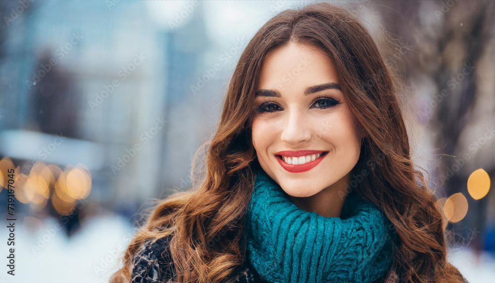 Chic Winter Portrait. Sweet Lady Smirking Amidst Urban Blurriness Chic Winter Portrait. Sweet Lady Smirking Amidst Urban Blurriness