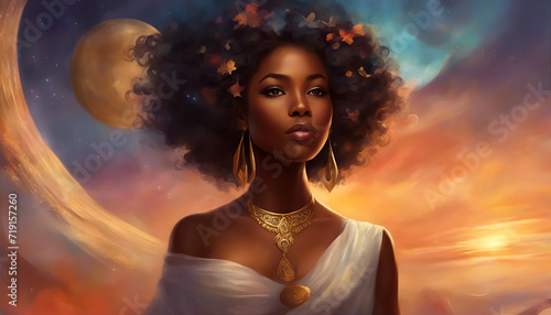 African woman. Fantasy lovely African queen. Fictional dramatic scene. Gold jewelry. Selective focus. AI generated