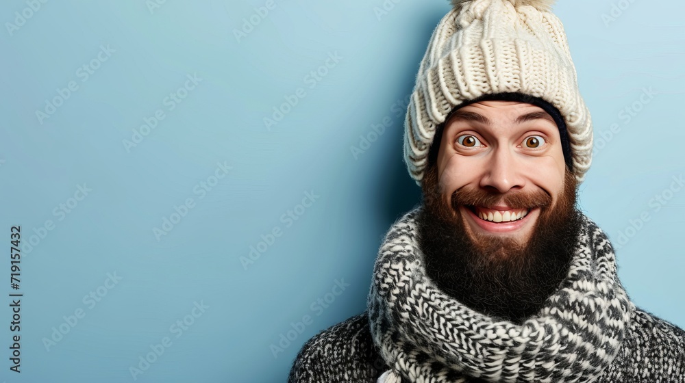 Cheerful man wearing scarf and knitted hat isolated on pastel background with space for text Cheerful man wearing scarf and knitted hat isolated on pastel background with space for text