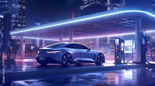 Electric car charging at a gas station in the city, industrial landscape, neon elements, healthy environment without harmful emissions. Eco concept.  © Ziyan